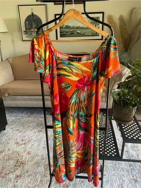 Attitudes by Renee Orange Tropical Floral Midi Dress with Pink & Green Accents
